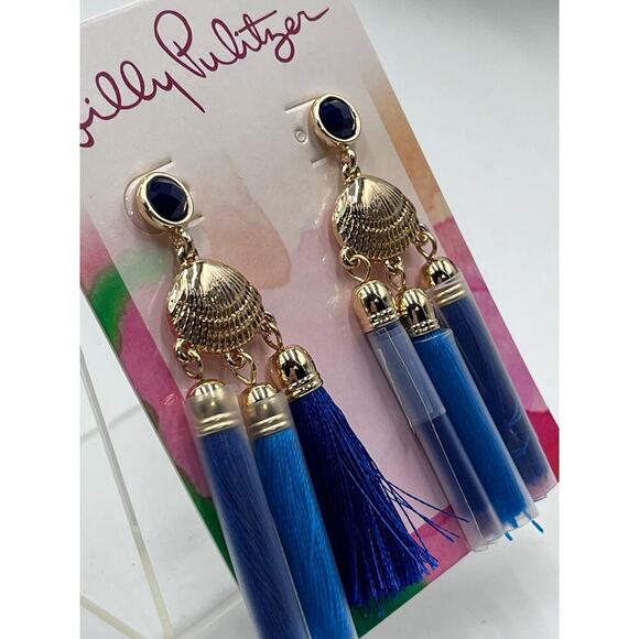 Lilly Pulitzer Seaside Capri Blue Tassel Seashell Statement Earrings - Picture 4 of 6